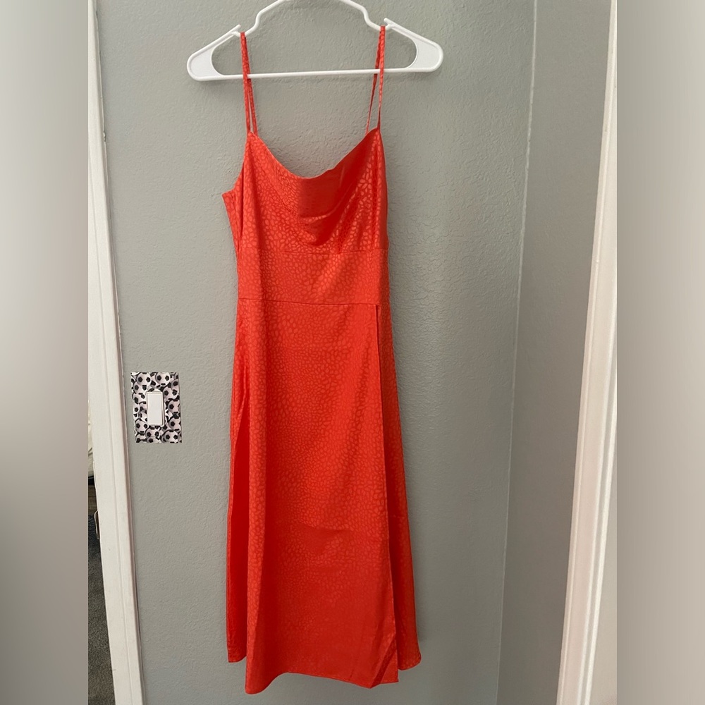 Coral orange satin Jacquard print cowl midi dress